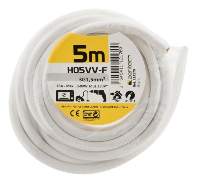 CABLE HO5VVF 3X1.5 BLANC 5M