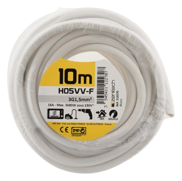 CABLE HO5VVF 3X1.5 BLANC 10M