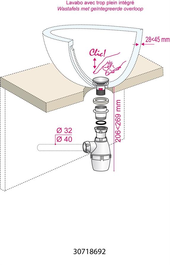 Ensemble bonde + siphon pour lavabo avec trop-plein intégré