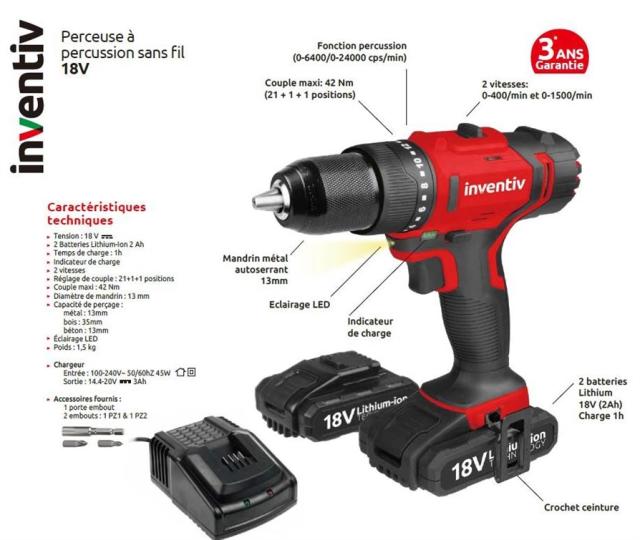 Perceuse sans fil - 18V - INVENTIV''