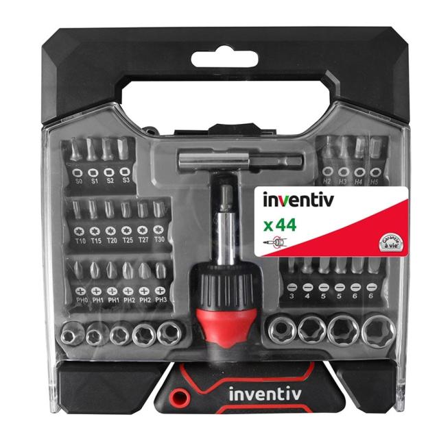 Set tournevis à cliquet en T 44 pièces chrome vanadium - INVENTIV