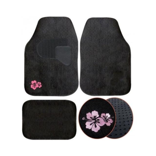 Tapis auto 4p moquet.noir + hibiscus rose