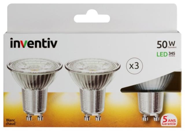 3 ampoules led spot GU10 345lm 50W 36° - INVENTIV