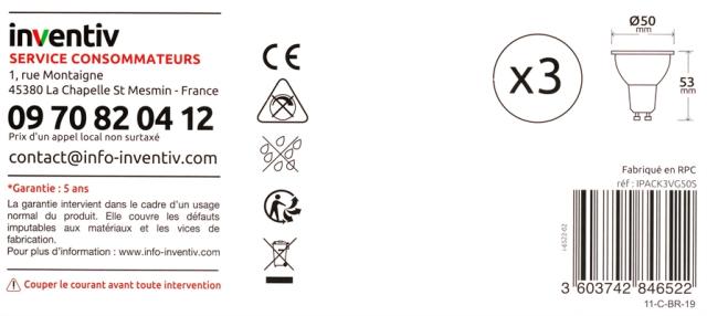 3 ampoules led spot GU10 345lm 50W 36° - INVENTIV