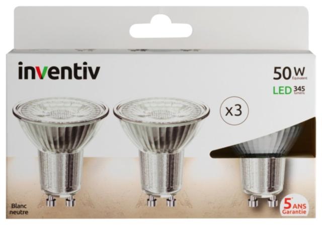 3 ampoules led spot GU10 345lm 50W 36° - INVENTIV