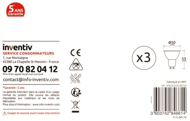 3 ampoules led spot GU10 345lm 50W 36° - INVENTIV