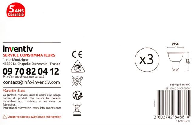 3 ampoules led spot GU10 345lm 50W 36° - INVENTIV