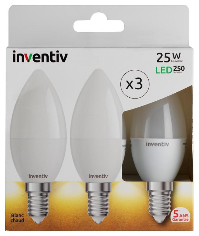 3 ampoules LED SMD E27 250lm 3W Blanc chaud - INVENTIV