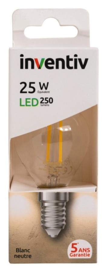 Ampoule LED Filament E27 250lm 3W Blanc neutre - INVENTIV