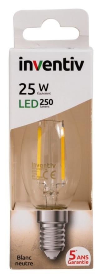 Ampoule LED Filament E27 250lm 3W Blanc neutre - INVENTIV