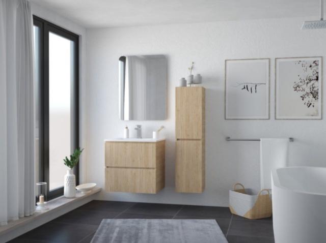 Colonne de Salle de Bain Trendy 2 Portes Bois Naturel - 30 cm
