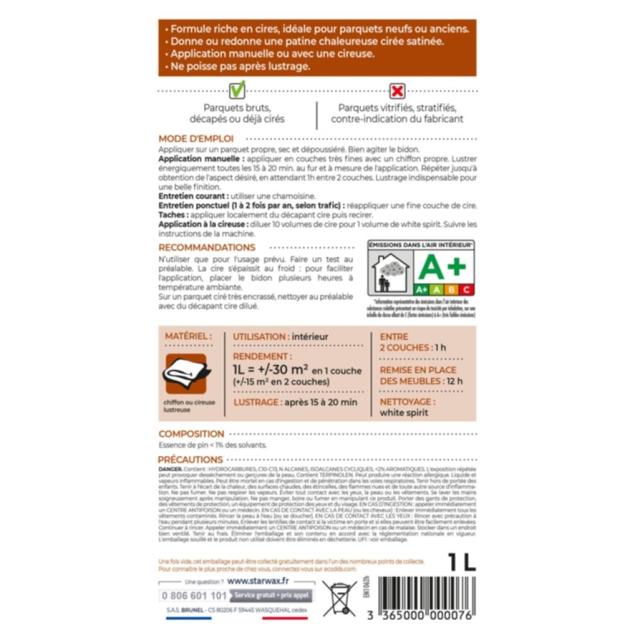 Cire Concentrée pour Parquets Cirés Incolore 1L - STARWAX