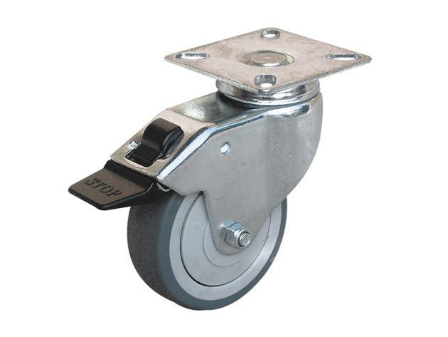 Roulette de collectivité à platine pivotante à frein caoutchouc gris non tâchant Ø75mm charge supportée 60kg